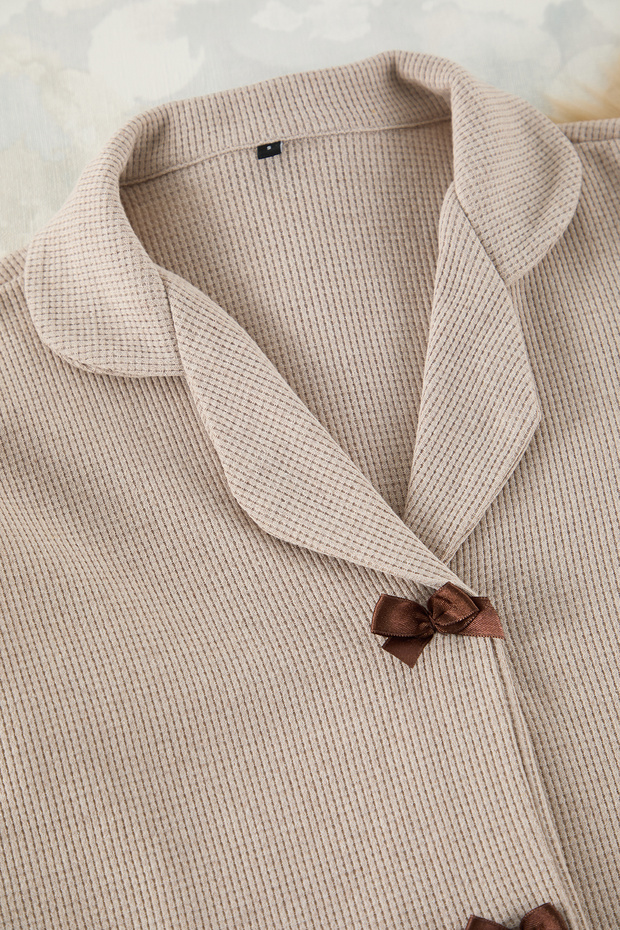 Bej Kurdele/Fiyonk Detaylı Waffle Kumaş Şortlu Örme Pijama Takımı THMSS25PT00014 - 8
