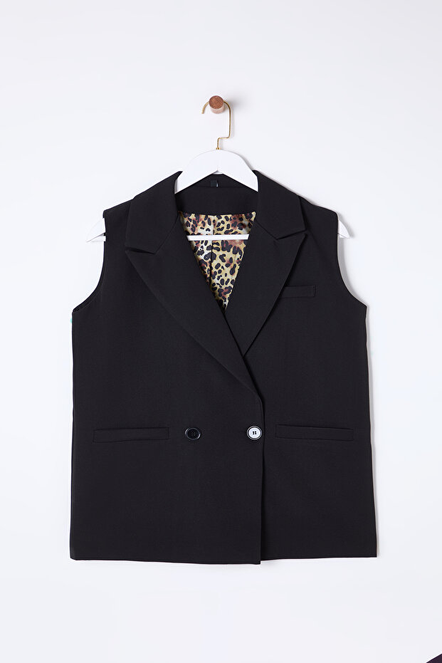 Siyah Oversize Leopar Astarlı Cep Detaylı Dokuma Kruvaze Yelek TWOSS25YE00014 - 6
