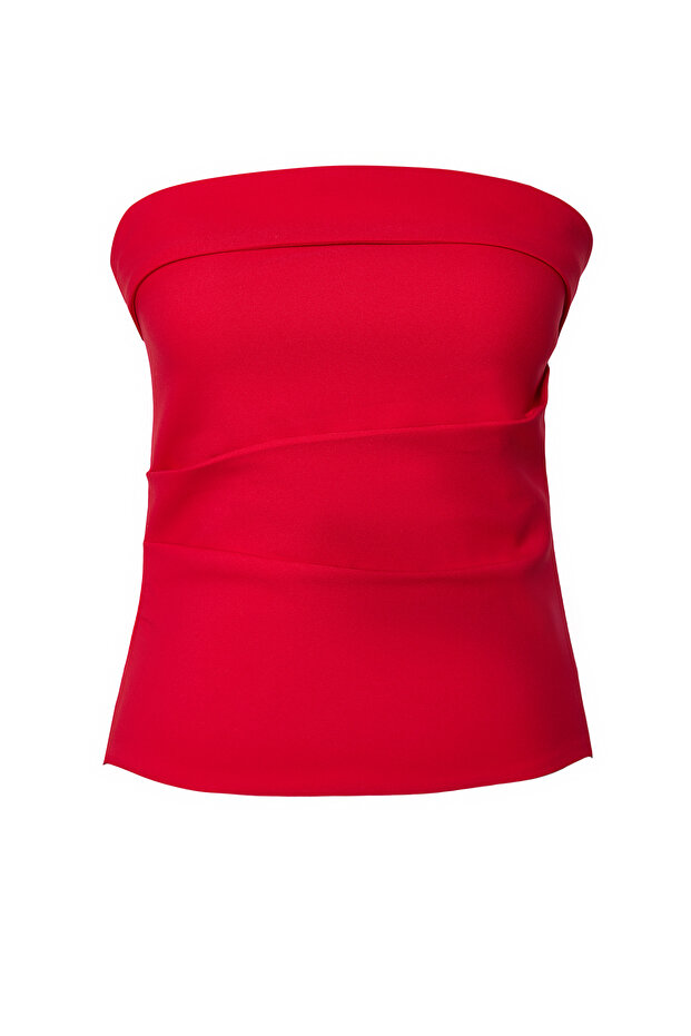 Kırmızı Straplez Fitted Drapeli Dokuma Bluz TWOSS24BZ00348 - 6
