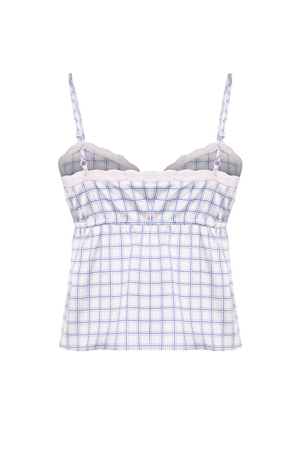 Çok Renkli Ekose Askılı Saten Bağlama Detaylı Crop Dokuma Bluz TWOSS25BZ00056 - 8