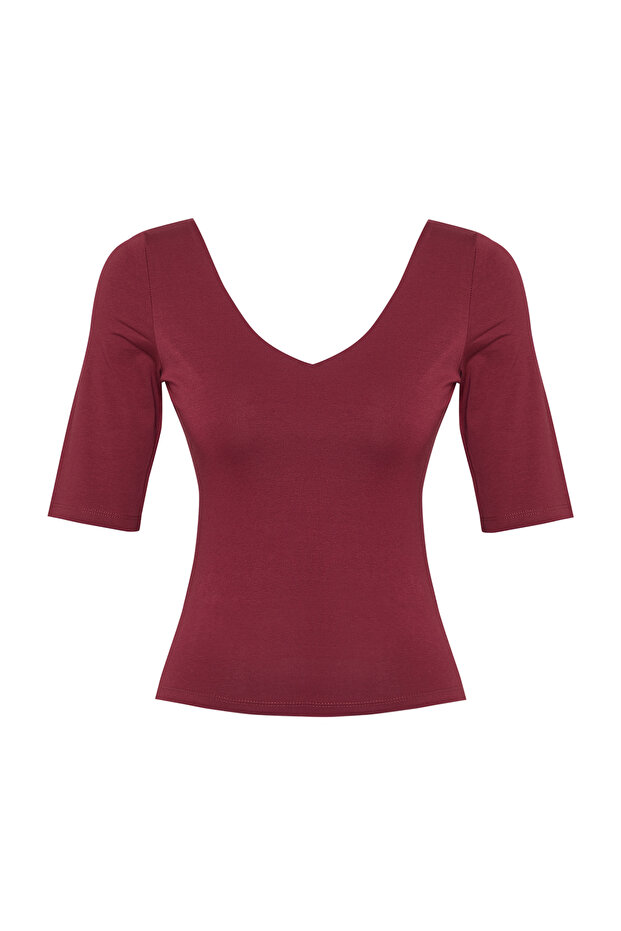 Bordo Fitted/Vücuda Oturan V Yaka Sırt Dekolteli Esnek Örme Bluz TWOSS25BZ00083 - 6