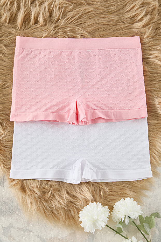 Beyaz-Pembe 2'li Paket Seamless/Dikişsiz Kalpli Boxer Örme Külot THMSS25KU00009 - 7
