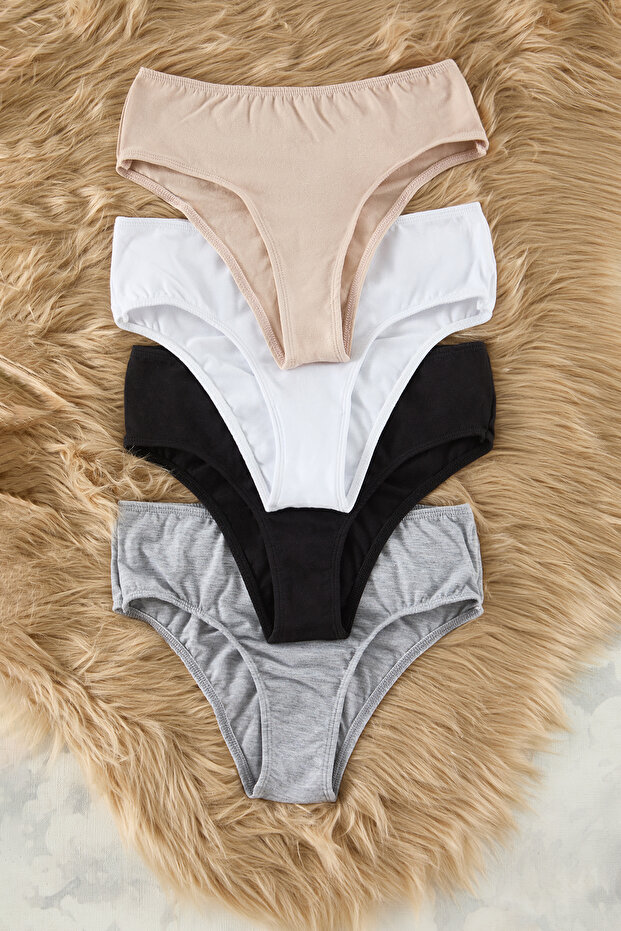 Siyah-Beyaz-Çok Renkli 4'lü Paket Pamuklu Büzgü Detaylı Hipster Örme Külot THMSS25KU00015 - 8