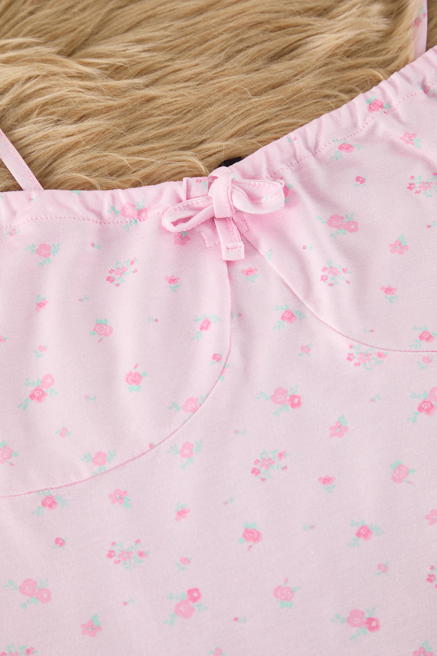 Pembe Çiçekli Bağlamalı ve İp Askılı Örme Pijama Takımı THMSS24PT00233 - 7