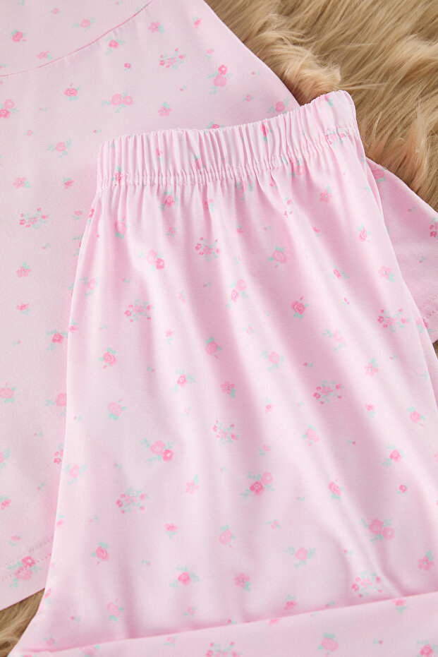 Pembe Çiçekli Bağlamalı ve İp Askılı Örme Pijama Takımı THMSS24PT00233 - 8