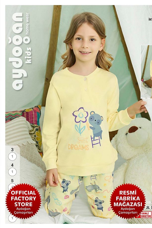 Kız Çocuk Sarı Pijama Takımı %100 Pamuk İnterlok Uzun Kol A13-2 - 240741 - Aydogan ® - 4