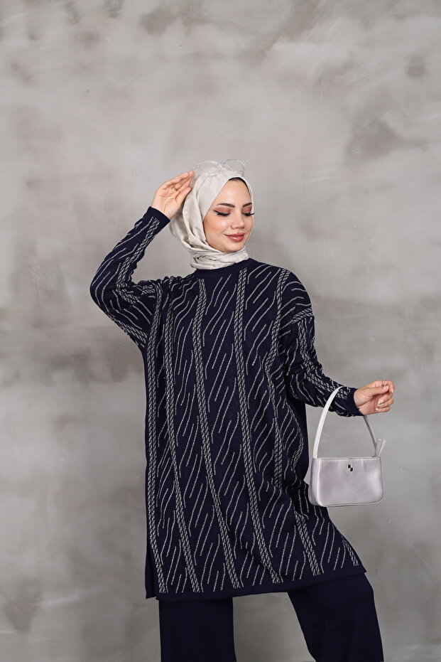 Desenli Simli Triko Tunik - 1