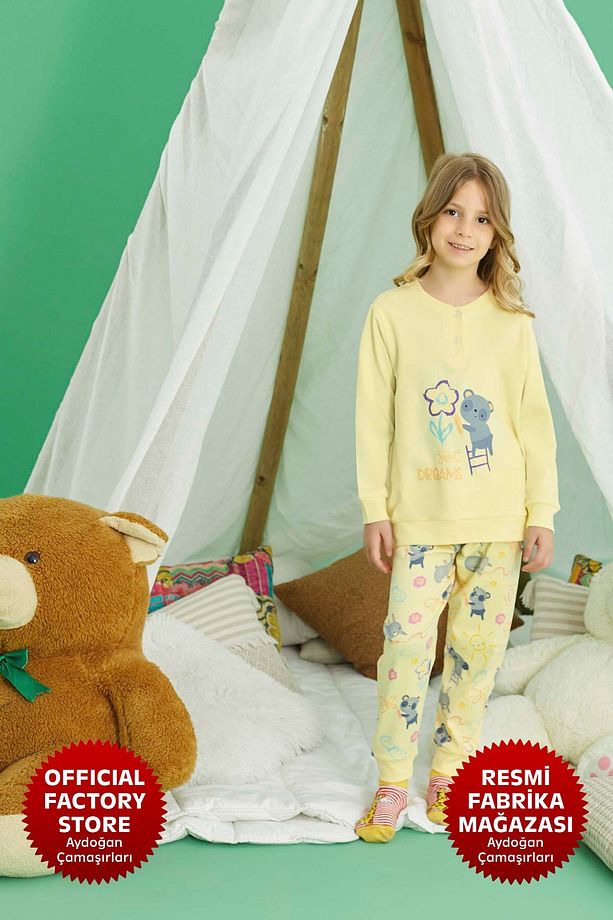 Kız Çocuk Sarı Pijama Takımı %100 Pamuk İnterlok Uzun Kol A13-2 - 240741 - Aydogan ® - 3
