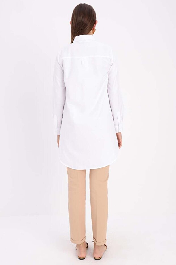 Beyaz Basic Gizli Patlı Gömlek Tunik - 7