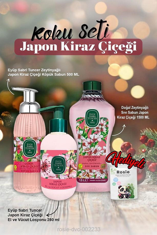 Japon Kiraz Çiçeği Sıvı Sabun 1500ml, Köpük Sabun 500ml, Losyon 280ml ve Rosie Pamuk - 1