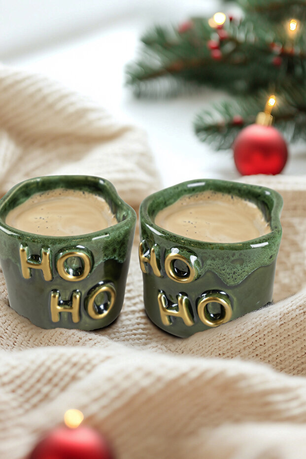 Gleam Green Ceramic Handmade Mug Cup Set of 2 Gold Plated Ho-Ho Embossed 2153