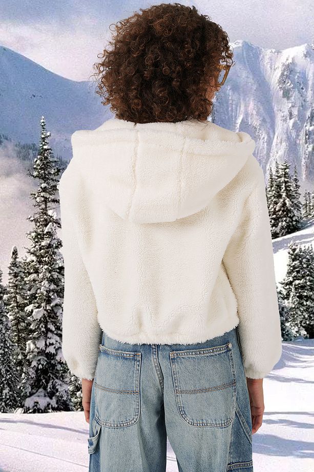 5193 Kapüşonlu Peluş Crop Ceket - Ekru - 5