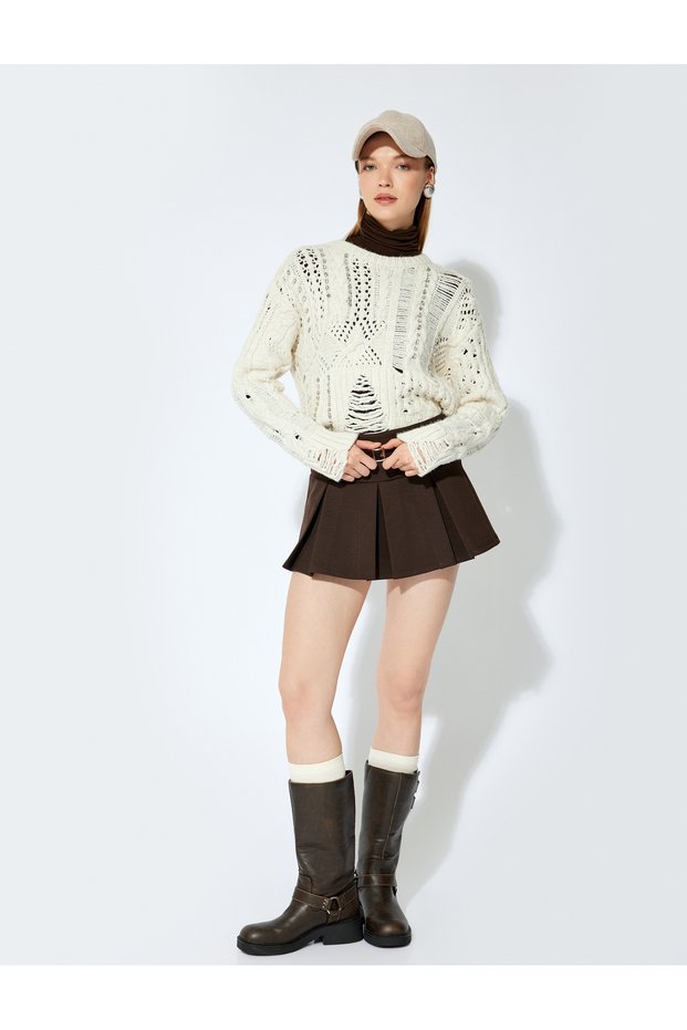 X Selected by Şahika Ercümen - Long Sleeve Crew Neck Stone Embellished Openwork Knit Sweater