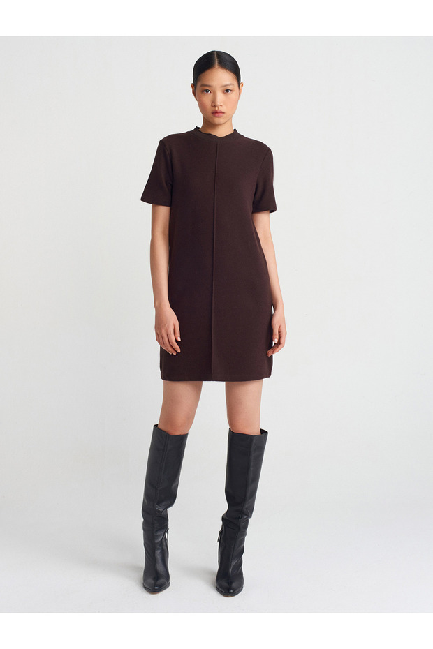 90810 Yumuşak Mini Elbise-Kahve - 4