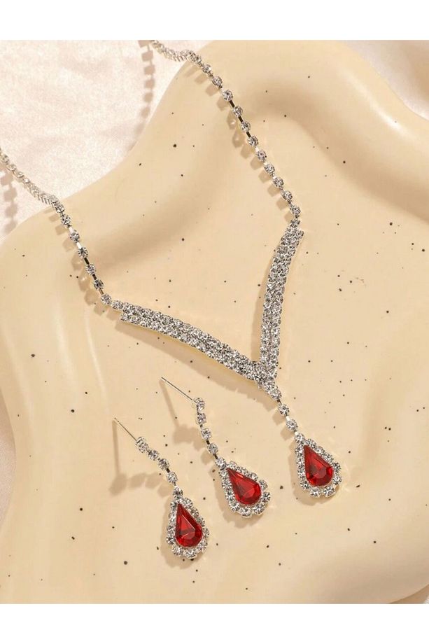 Red  Kolye Küpe Ve Bileklik Seti 2'lü Set Davet Düğün Nişan Abiye - 3
