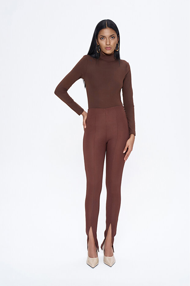 Elastische Taille Schlitz Hose Kaffee - 3