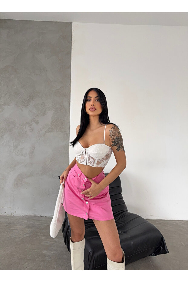 ÖN DÜĞMELİ PEMBE ETEK - 5