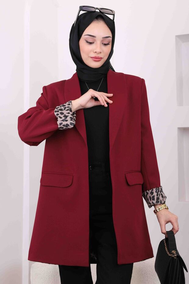 Burgundy Double Breasted Collar Pocket Blazer Jacket