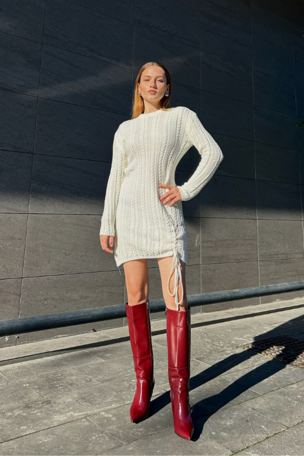 Beyaz mini triko elbise - 2