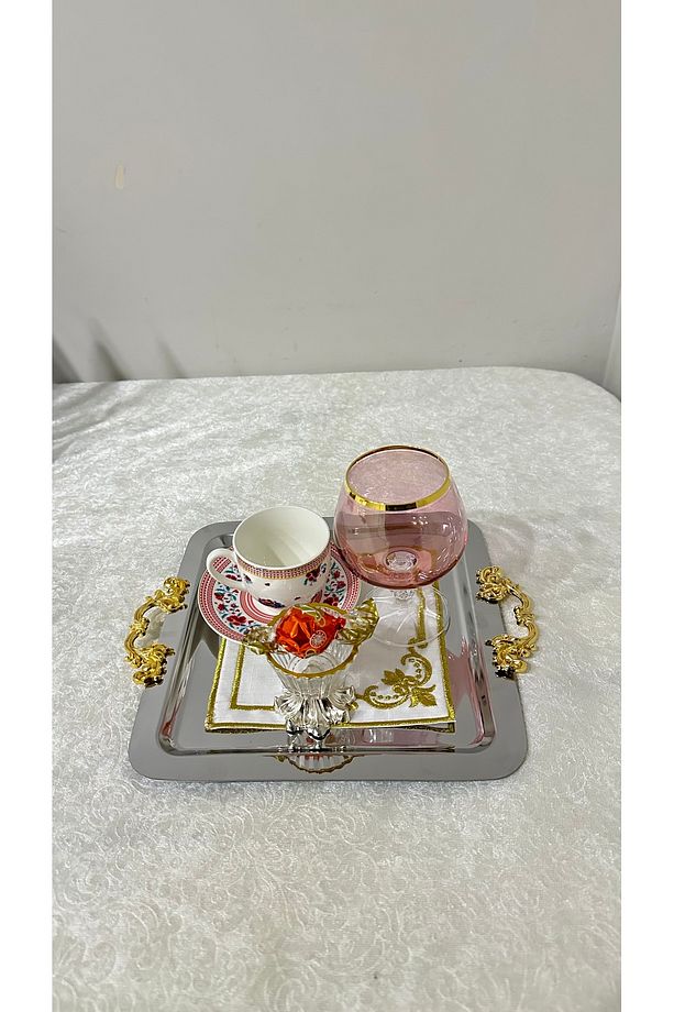 Tekli gold geçme kulp çelik kare kahve sunum tepsisi çıkarabilir kulp sade kullanılabilir - 4