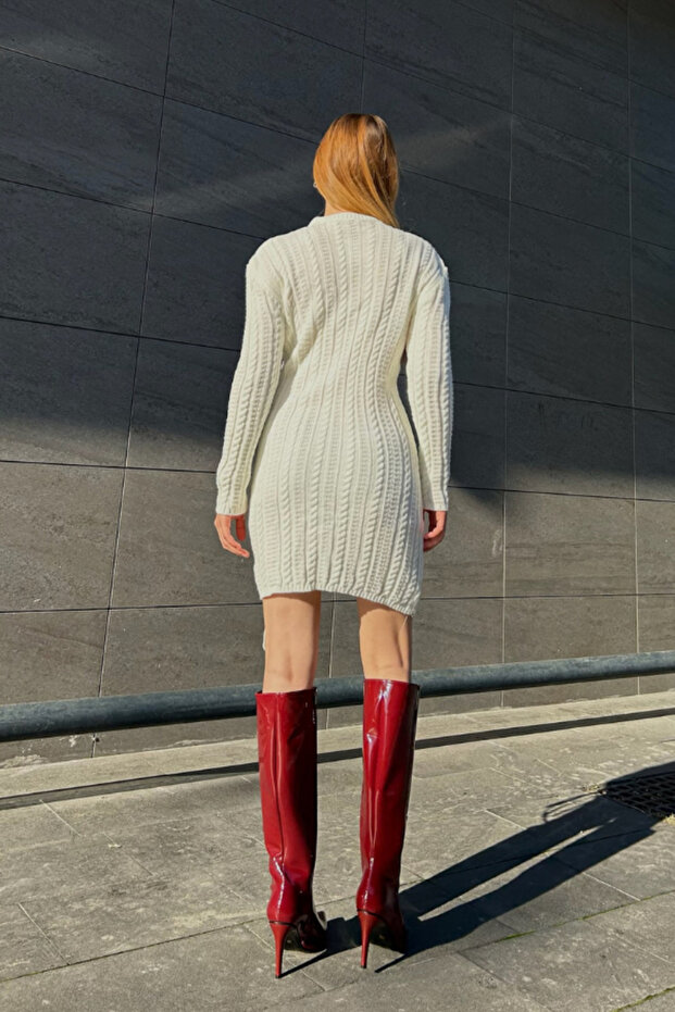 Beyaz mini triko elbise - 3