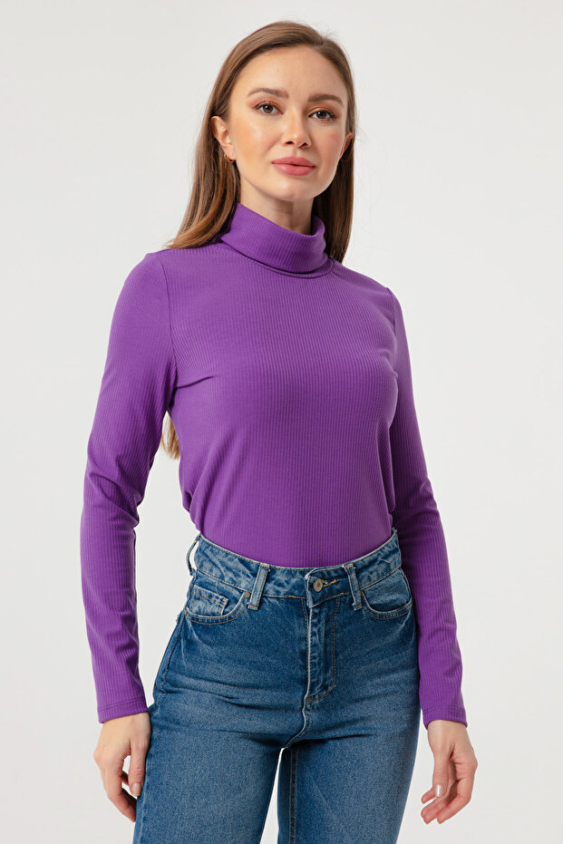 Kadın Mor Balıkçı Yaka Örme Bluz - 2