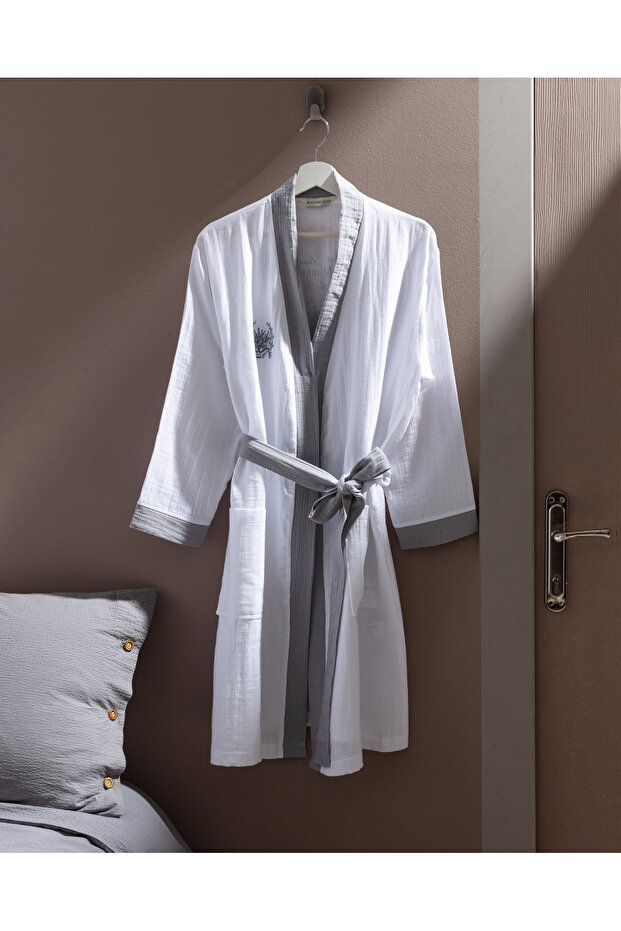 Cherina Muslin 100% Cotton Women's Bathrobe - White/Gray