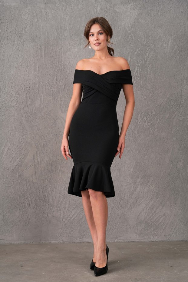 Crepe Fabric Cross Collar Detailed Slim Fit Midi Length Evening Dress 2879