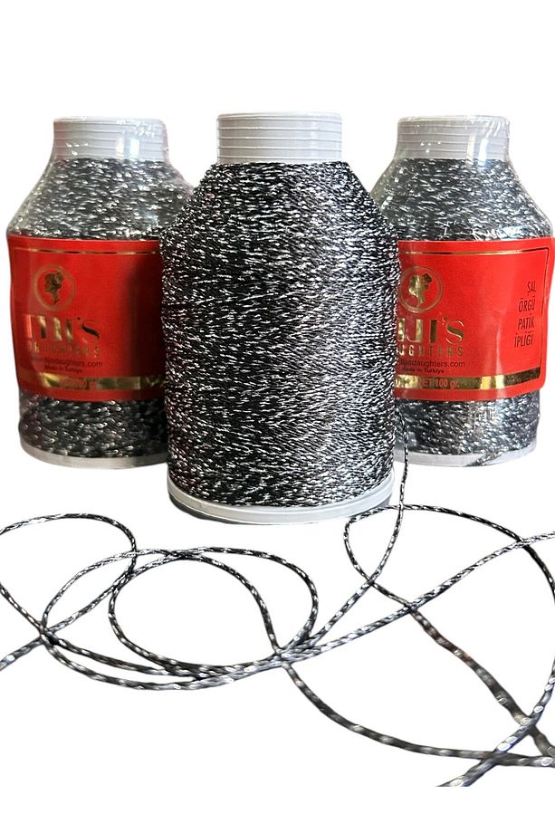 Siyah Gri Simli İp, Oya, Şal, Dantel, Örgü İpi 100 gr - 1