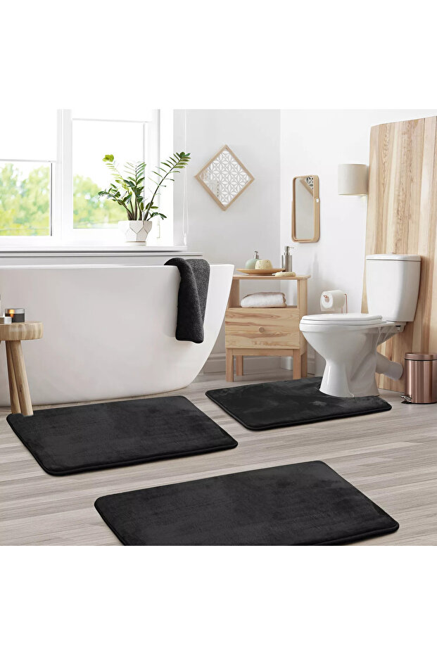 3-Piece Bathroom Mat Set Toilet Front Plush Soft Washable Black (50X80-40X60-40X50)
