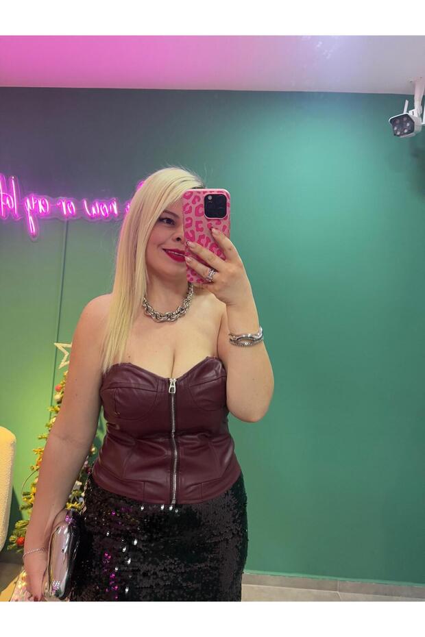 Bordo Deri Büstiyer - 2