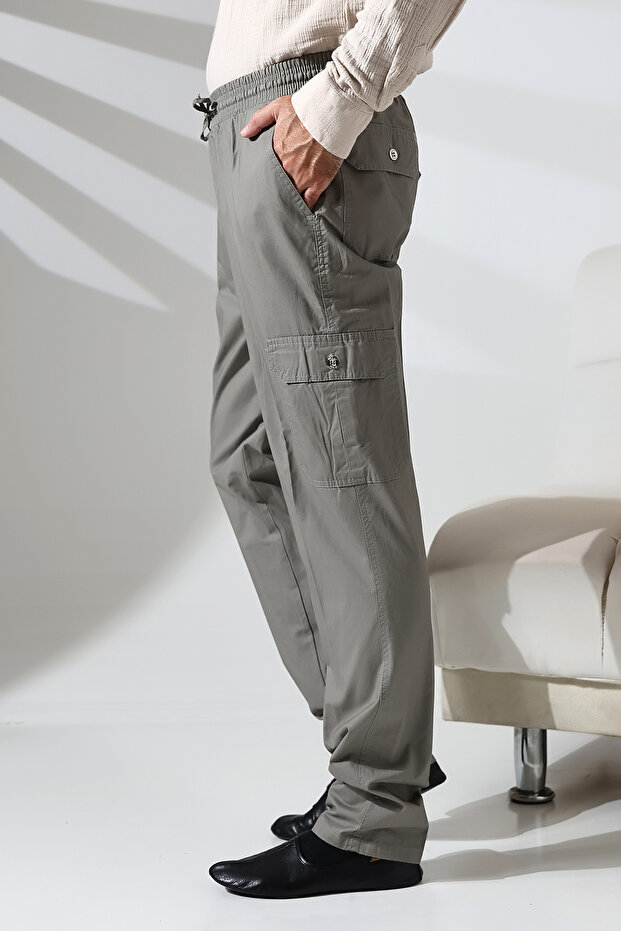 Men's Cargo Pants with Side Pockets and Elastic Waist for Hajj and Umrah, Gray