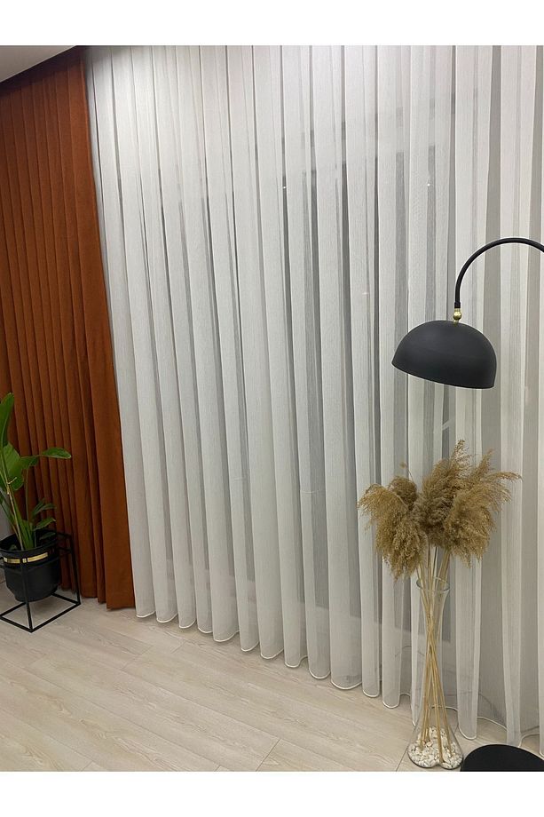 Ekru Renkli, Modern Ve Kaliteli Bambu Plus Mat Tül Perde - 1/3 Sık Pile - 4