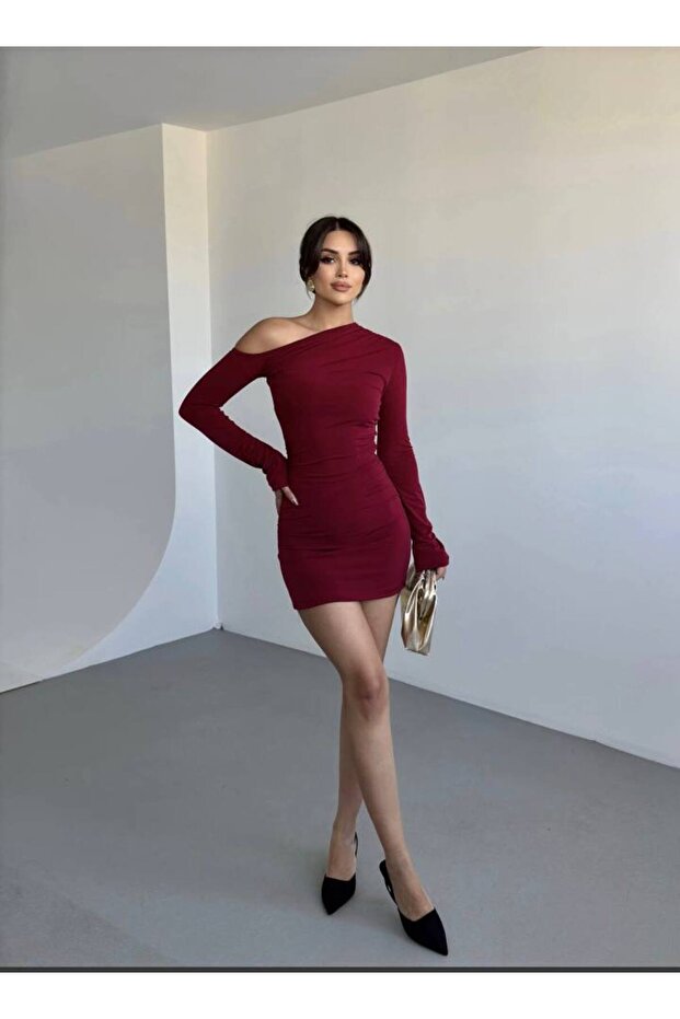 Kadın Tek Omzu Açık Büzgülü Sandy Elbise - 1