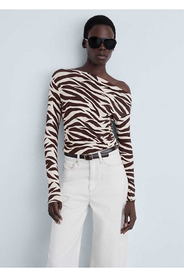 Zebra Print Asymmetrical Neck T-Shirt