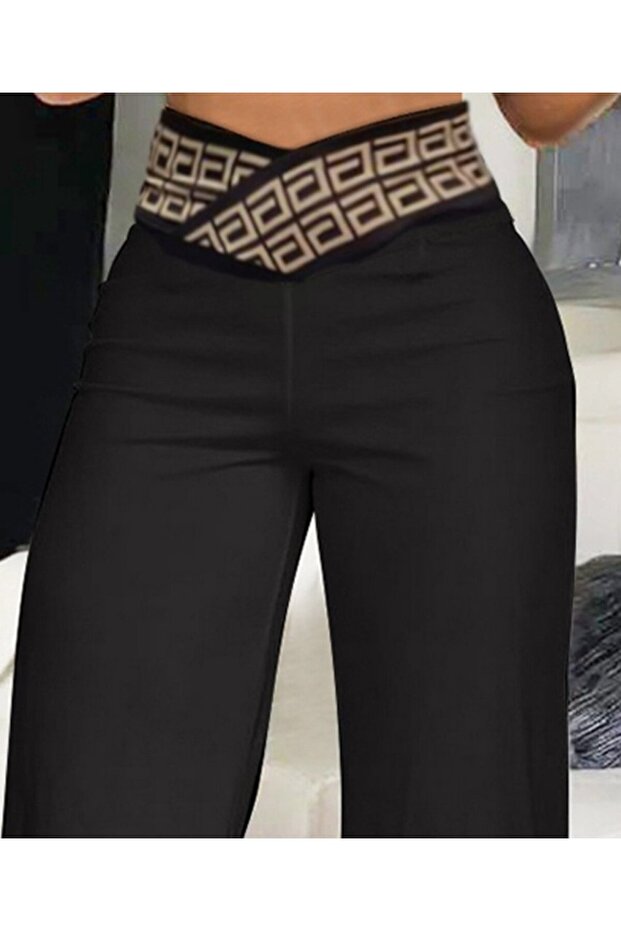 Kadın Belde Kruvaze Ve Ribana Detay Ispanyol Paça Ithal Krep Pantolon - 7