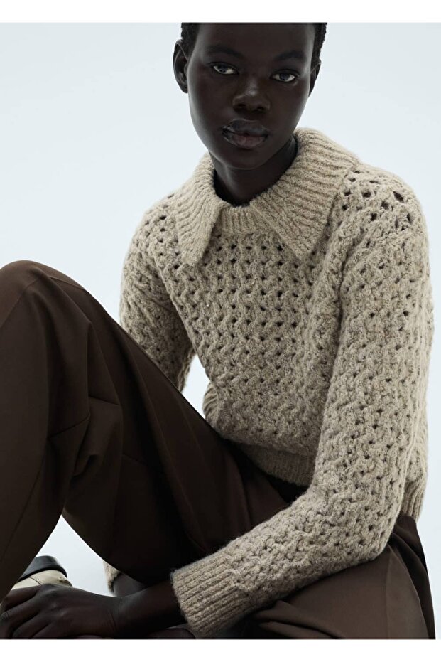 Openwork Knitted Polo Collar Sweater - 5