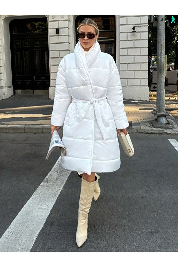 Ray Pattern Waist Tie Quilted Coat