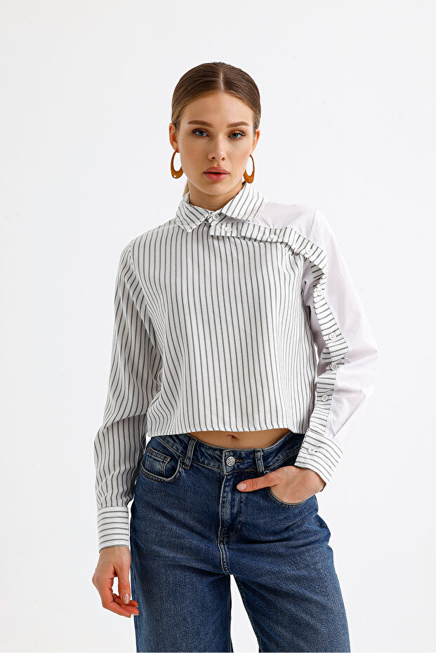 Women's Black Striped Patterned Color Block Front Buttoned Crop Shirt Loi̇25-Pk1069