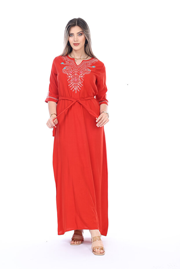 Summer Woven Embroidered Detail Straw-Belted Long Dress