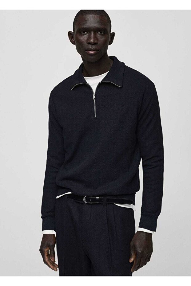 Mikro yapılı fermuarlı yaka kazak - 1