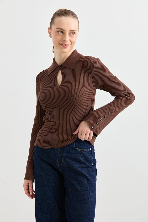 10637 Polo Neck Buttoned Corded Fabric Knitwear Sweater