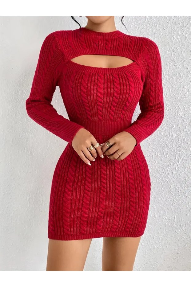 Women's Long Sleeve Semi Turtleneck Window Chest Detail Mini Knitwear Dress