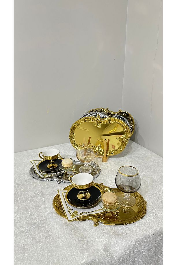6'lı 3 Adet Gold 3 Adet Çelik Artnova Kahve Sunum Servis Tepsisi - 2