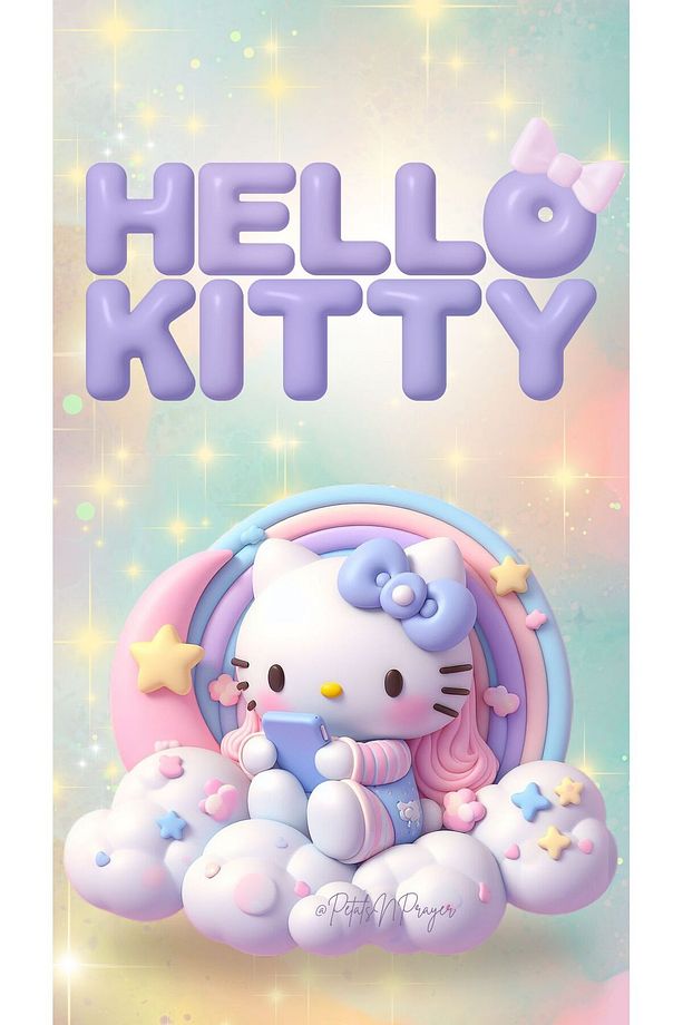 Bulutların İçinde Oturan Hello Kitty  Çocuk ve Genç Odası Ahşap Duvar Tablosu - 2