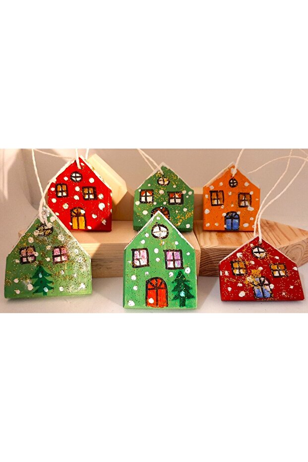 Wooden House Shaped Christmas Tree Ornament - Set of 6