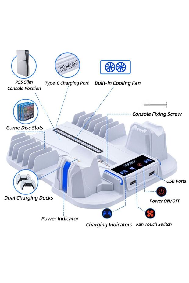 PG-TECH GP-521 PS5 Slim Disk/PS5 Slim Dijital Uyumlu Multifonksiyonel Soğutucu Fan Şarj Stand - 3