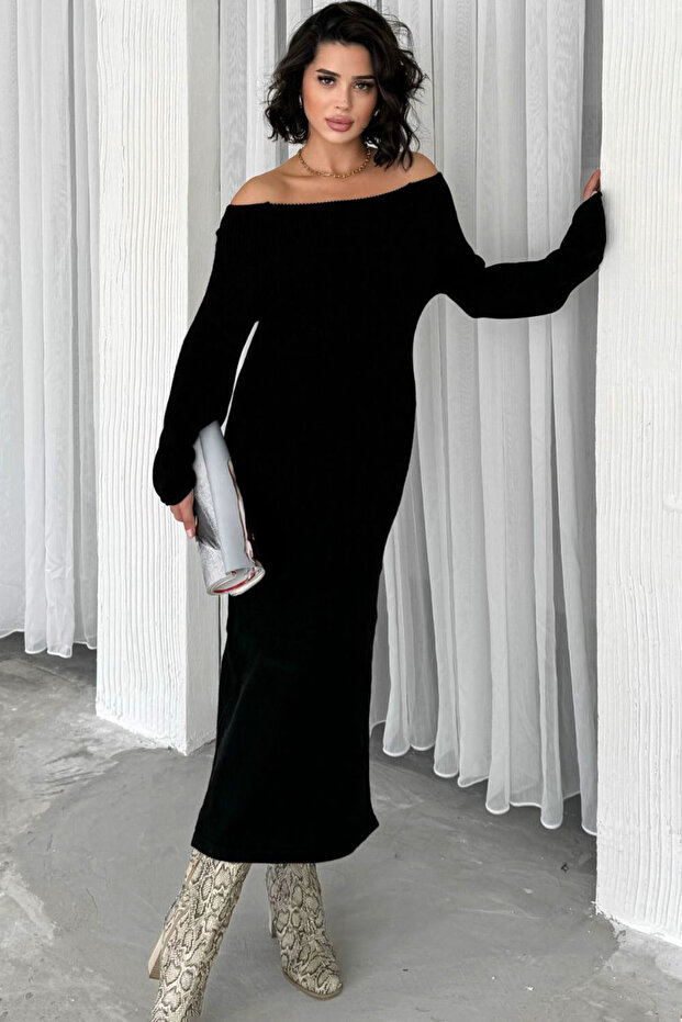 Lastik Örme Kayık Madonna Yaka Uzun İspanyol Kollu Vücudu Saran Kalem Etek Örme Triko Kışlık Elbise - 1