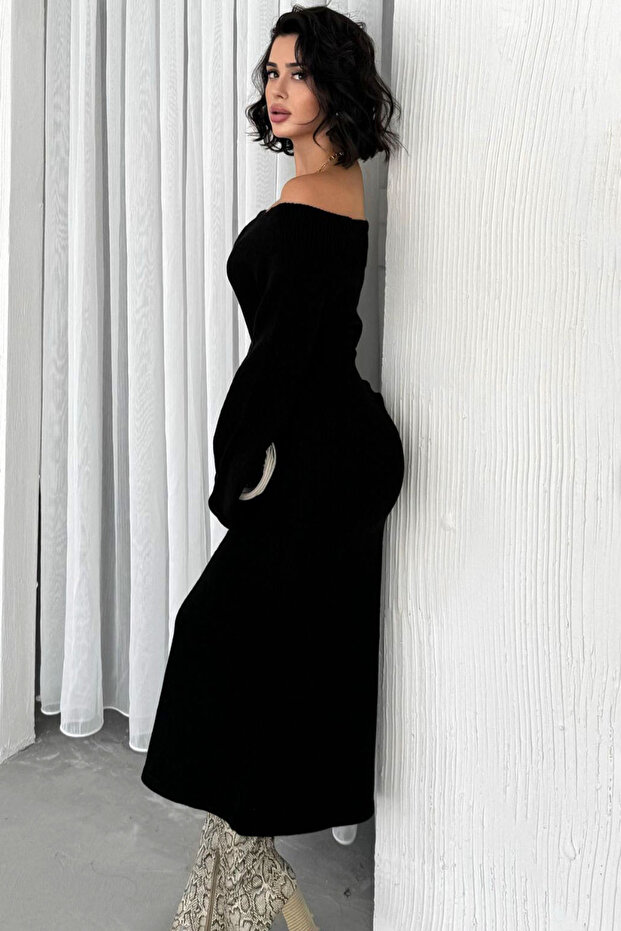 Lastik Örme Kayık Madonna Yaka Uzun İspanyol Kollu Vücudu Saran Kalem Etek Örme Triko Kışlık Elbise - 5