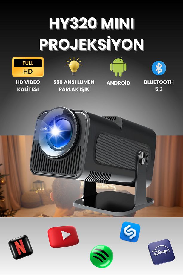 Hy320 Mini Projeksiyon Cihazı Ultra Hd Android Ev Projektörü Wifi,bluetooth,hdmı - 1